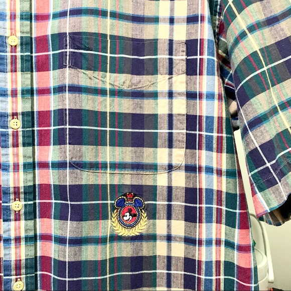 Vintage 90s Shirt Mens Mickey Disney Plaid Blue Red Madras Button Up L - Picture 3 of 6
